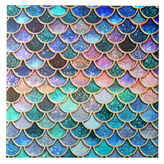 Aqua Pink Mermaid Glitter Scales- Mermaid Scales Tile (Front)