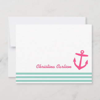 Aqua & Pink Nautical Stripes & Anchor Stationery Note Card