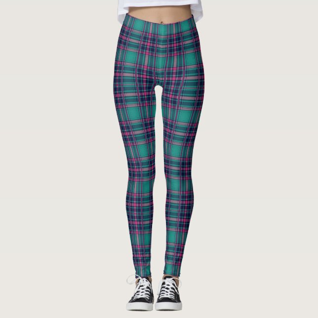 Aqua/Pink Plaid Women's Leggings (Front)
