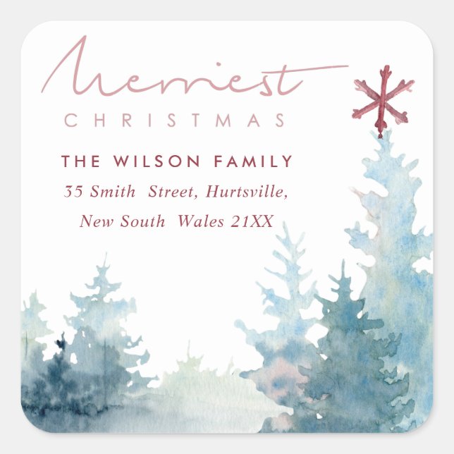 AQUA PINK SNOWY FOREST STAR PINE CHRISTMAS ADDRESS SQUARE STICKER (Front)