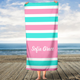 Aqua Pink Stripes Script Name Bath Towel
