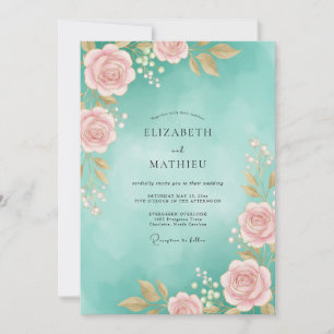 Aqua Pink Watercolor Wedding Invitation