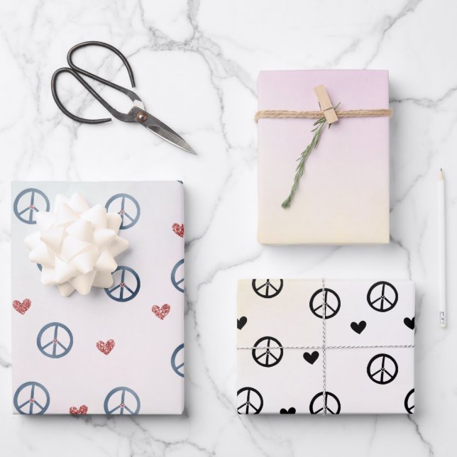 Aqua Pink Yellow Tie Dye Peace Sign with Hearts Wrapping Paper Sheet (Front)