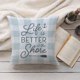 Aqua Plaid Life Is Better At the Shore Cushion
