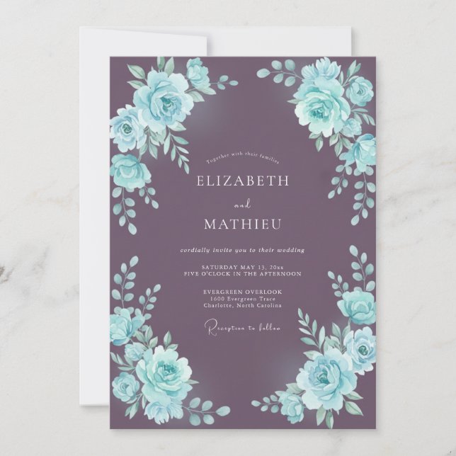 Aqua Plum Leaf Wedding Invitation (Front)