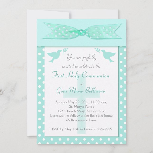 Aqua Polka Dot First Holy Communion Invitation (Front)