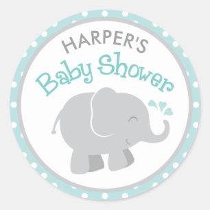Aqua Polka Dot Grey Elephant Shower Classic Round Sticker