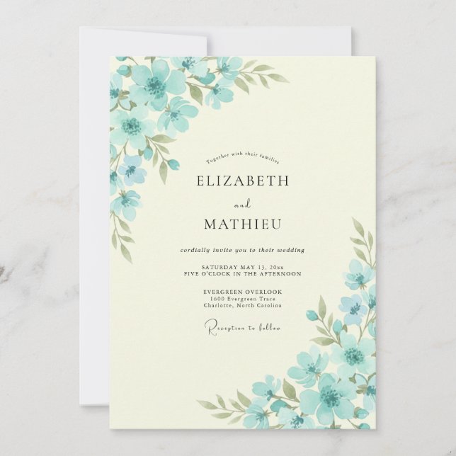 Aqua Poppy Cream Wedding Invitation (Front)