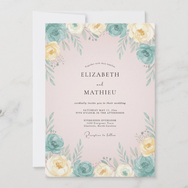 Aqua Powder Pink Peony Wedding Invitation (Front)