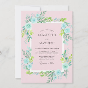 Aqua Powder Pink Rose Wedding Invitation