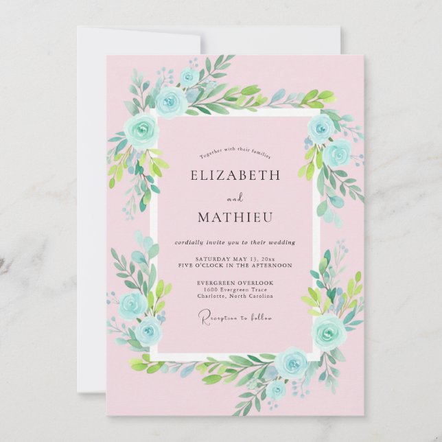 Aqua Powder Pink Rose Wedding Invitation (Front)