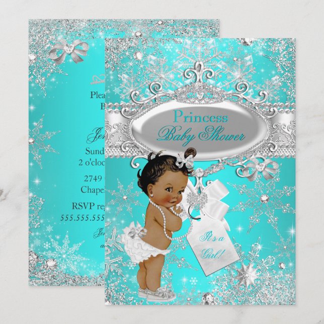 Aqua Princess Winter Wonderland Baby Shower Ethnic Invitation (Front/Back)