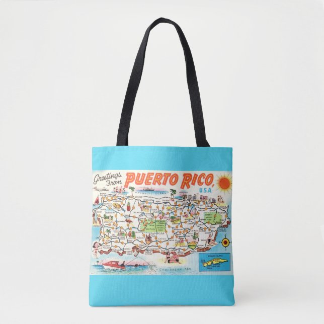 Aqua Puerto Rico Map Shoulder Tote Bag (Front)