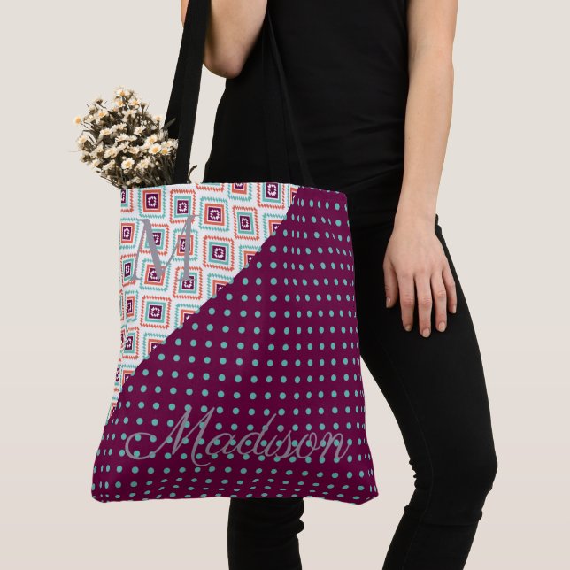 Aqua Purple Aztec Dots Trendy Girly Name Monogram Tote Bag (Close Up)