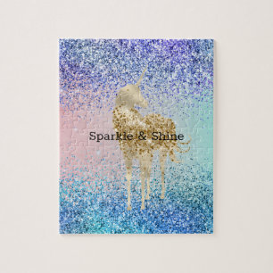 Aqua Purple Glitter Sparkle Gold Unicorn Jigsaw Puzzle