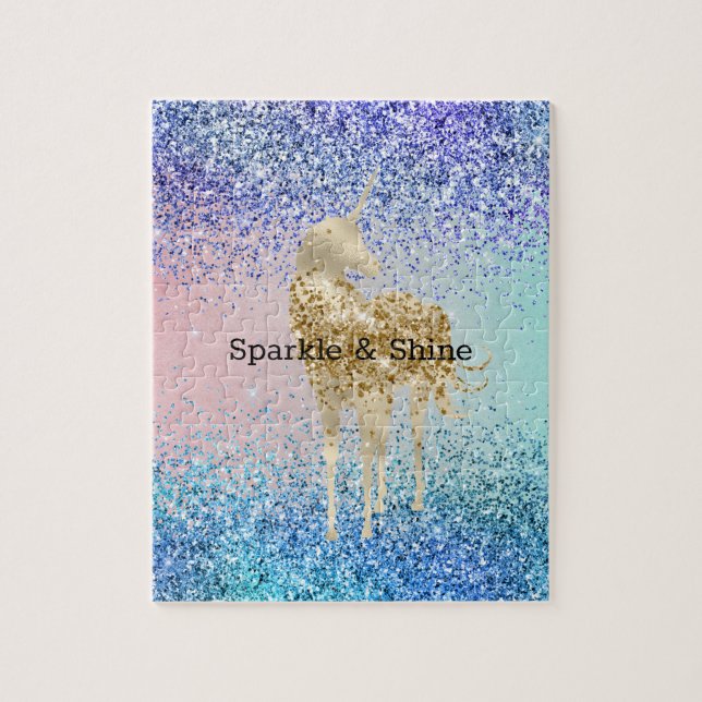 Aqua Purple Glitter Sparkle Gold Unicorn Jigsaw Puzzle (Vertical)