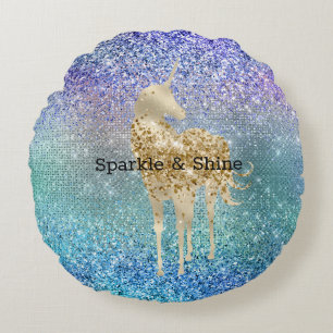 Aqua Purple Glitter Sparkle Gold Unicorn Round Cushion