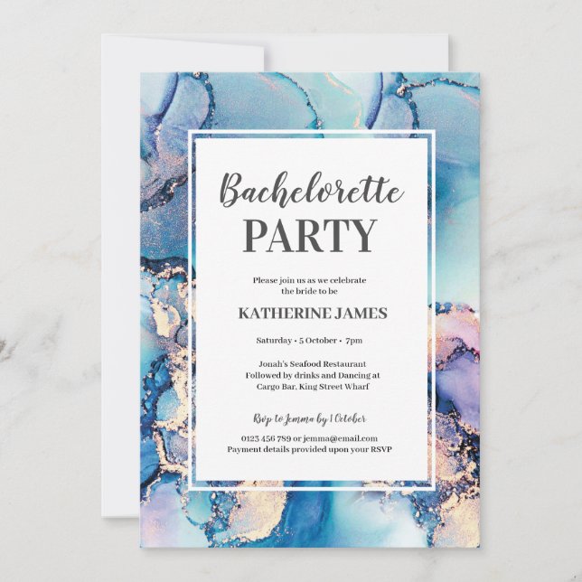 Aqua Purple Gold Bachelorette Party Invitation (Front)