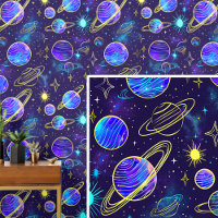 Aqua Purple Gold Planet in Dark Blue Sky