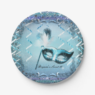 Aqua & Purple Masquerade Mask Elegant Ball Party Paper Plate