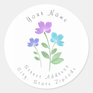 Aqua, Purple, Periwinkle Watercolor Flower Stems Classic Round Sticker