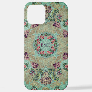 Aqua Purple Pink Floral Faux Lampas Brocade iPhone 12 Pro Max Case