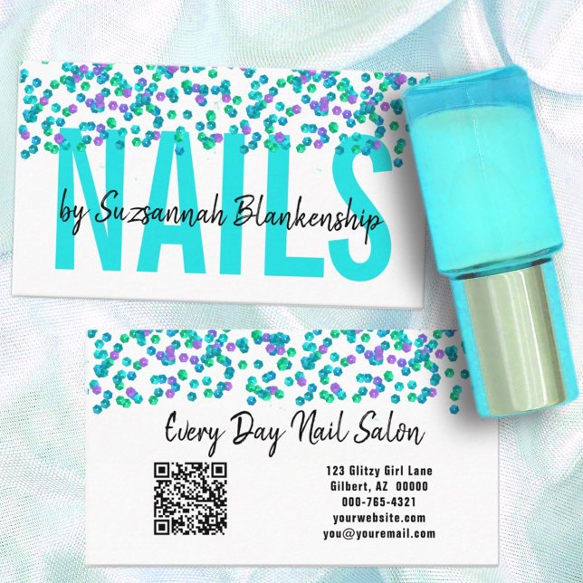 Aqua Purple Sequins Large Text NAILS Custom Business Card (Creator Uploaded)