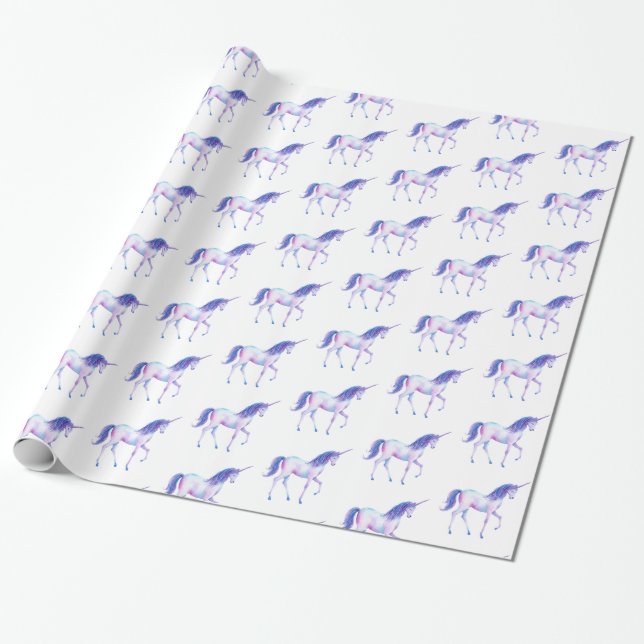 Aqua Purple White Unicorn Wrapping Paper (Unrolled)