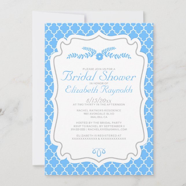 Aqua Quatrefoil Bridal Shower Invitations (Front)