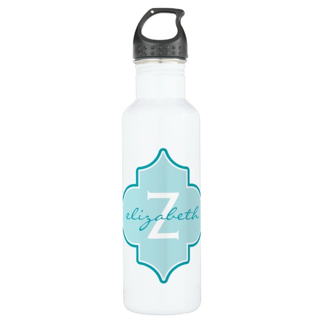 Aqua Quatrefoil Monogram 710 Ml Water Bottle (Front)
