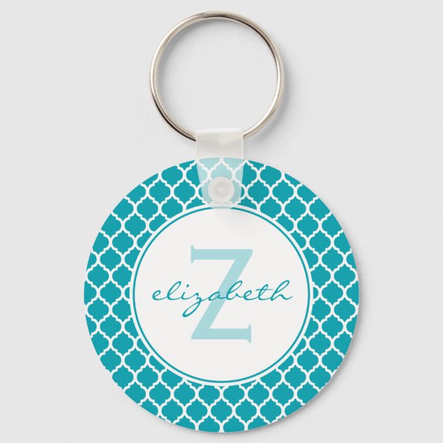 Aqua Quatrefoil Monogram Key Ring (Front)