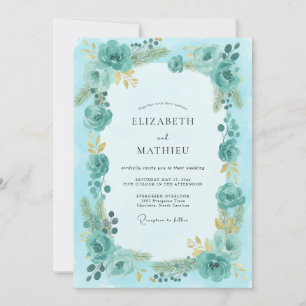 Aqua Ranunculus Painted Wedding Invitation