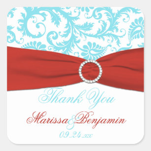 Aqua, Red, and White Damask Wedding Favour Sticker