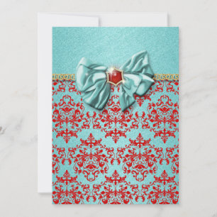 Aqua red damask formal engagement invitation