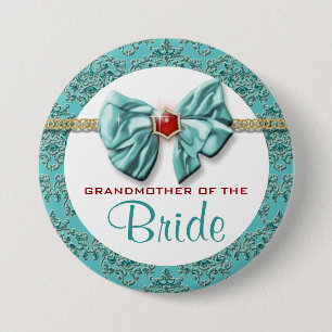 Aqua red gold damask "bridal buttons" 7.5 cm round badge