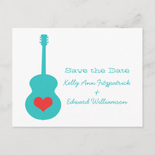 Aqua/Red Guitar Heart Save the Date Postcard