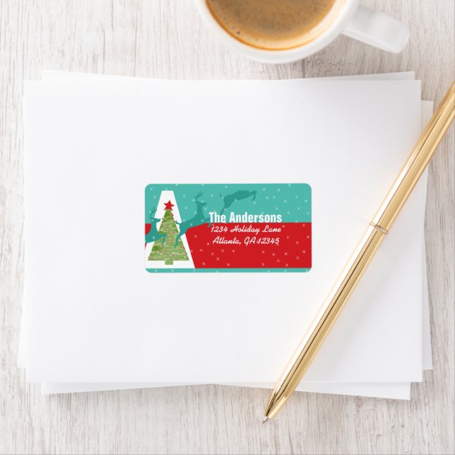 Aqua Red Retro Green Reindeer Tree Return Address Label (Insitu)