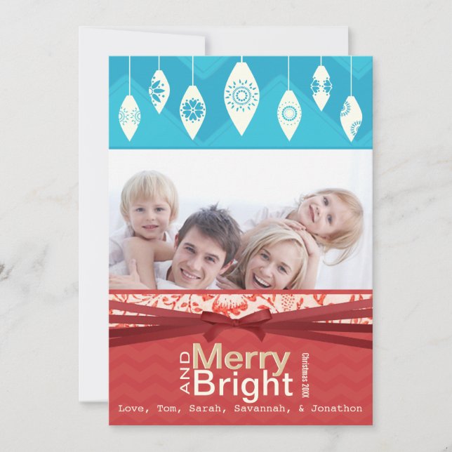 Aqua Red Retro Merry and Bright Family Photo Card (Front)