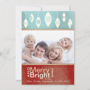 Aqua Red Retro Merry and Bright Family Photo Card