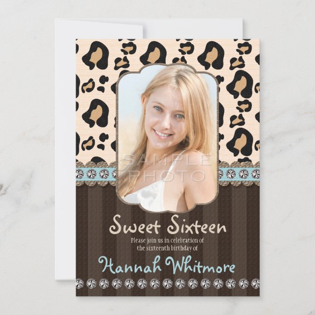 Aqua Rhinestone Look Leopard Print Sweet Sixteen Invitation (Front)