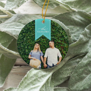 Aqua Ribbon   Holiday Photo Ceramic Tree Decoration