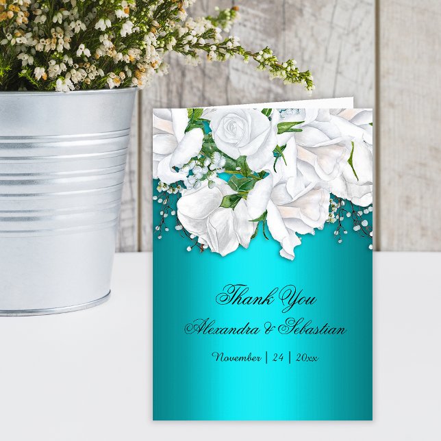 Aqua Romance White Floral Wedding Thank You Card (Creator Uploaded)