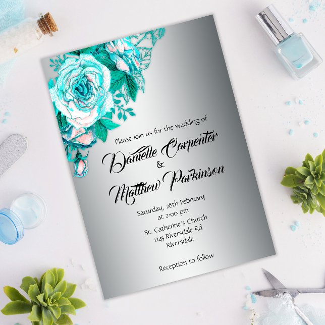 Aqua Rose Bouquet on Silver Wedding Invitation (Creator Uploaded)