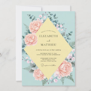 Aqua Rose Pink Watercolor Wedding Invitation