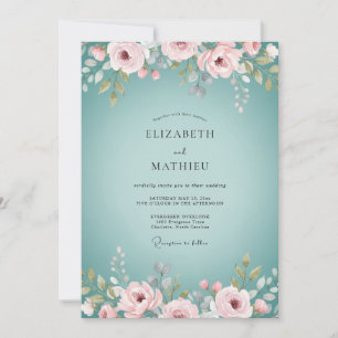 Aqua Rose Watercolor Floral Wedding Invitation