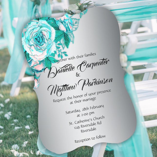 Aqua Roses and Silver Elegance Curved Wedding  Invitation (Creator Uploaded)