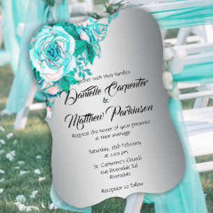 Aqua Roses and Silver Elegance Curved Wedding  Invitation