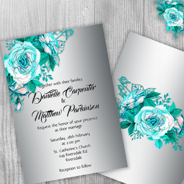 Aqua Roses and Silver Wedding Invitation (Creator Uploaded)