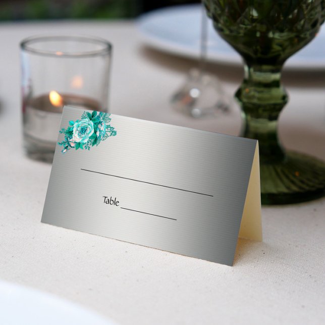 Aqua Roses and Silver Wedding Place Card (Creator Uploaded)