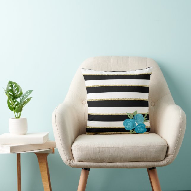 Aqua Roses on Black, White, Gold Stripes Cushion (Chair)
